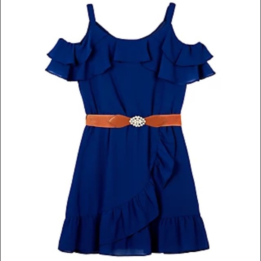 Amy Byer Girls Cold Shoulder Dress Size 14 Blue Ruffle Belted Party